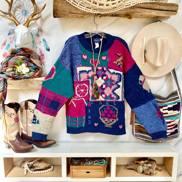 Farmhouse WOOLRICH patchwork vibe boho sweater w cabin colonial granny feel - Picture 3 of 16